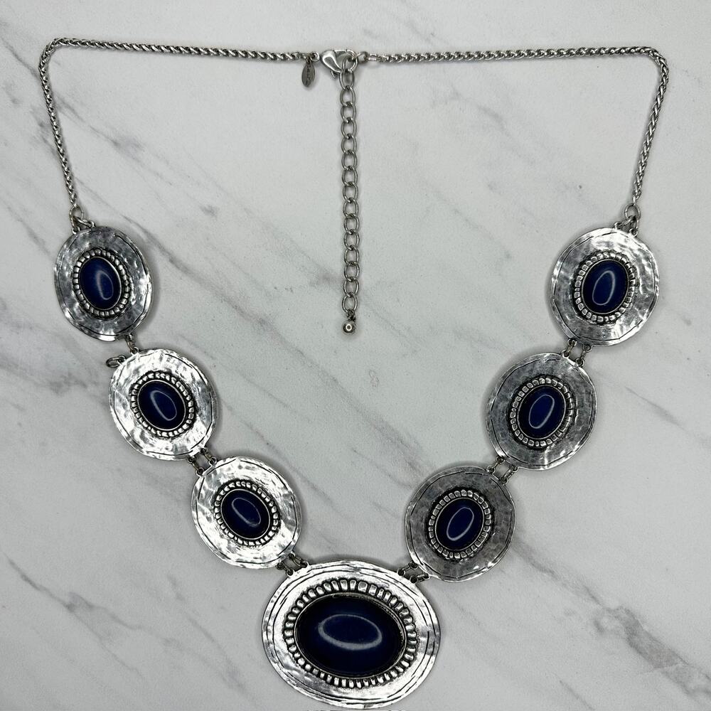 Chico's Blue Cabochon Silver Tone Disc Station Bib Necklace ✨ - Picture 2 of 11